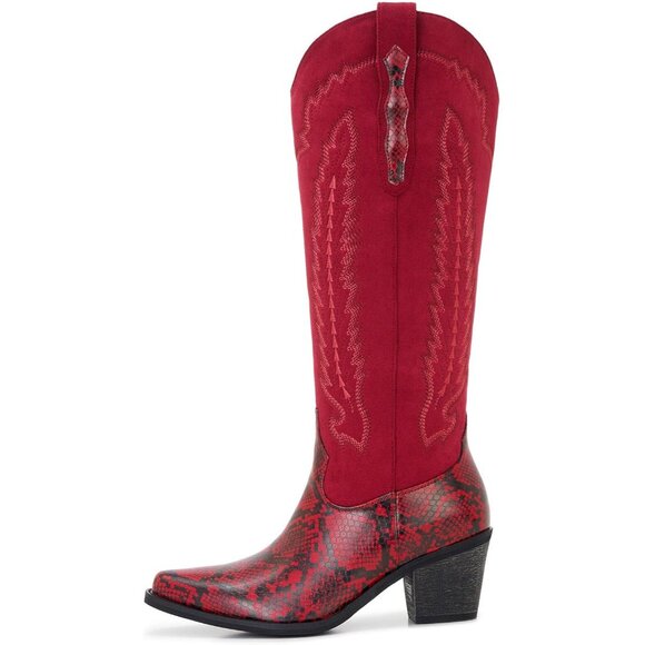Women's Red Western Side Zipper And Snakeskin Embossed Leather Cowgirl Boots - Picture 3 of 7